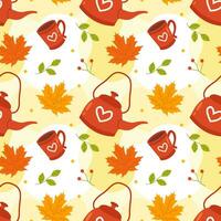 Autumn Season Seamless Pattern Design with Fall Elements in Template Cartoon Flat Illustration vector