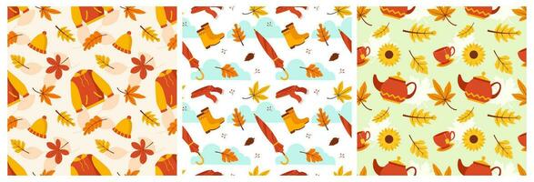 Set of Autumn Season Seamless Pattern Design with Fall Elements in Template Cartoon Flat Illustration vector