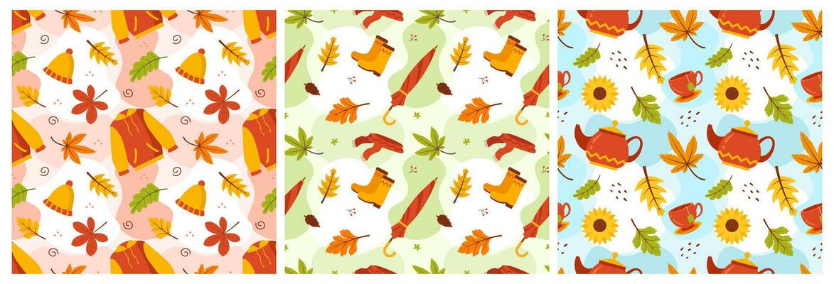 Set of Autumn Season Seamless Pattern Design with Fall Elements in Template Cartoon Flat Illustration