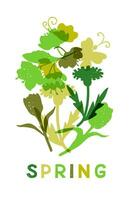 Spring risographic concept with abstract flowers and butterflies. Retro minimalistic hand drawn composition with grunge texture. Spring monochromatic design. Ideal for background, banner, poster vector
