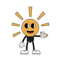 Glowing light bulb character in 70s cartoon style vector