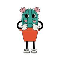 Cactus character showing Korean love sign, 70s cartoon style vector