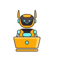 robot personaje trabajo con ordenador portátil vector ilustración. linda dibujos animados robot ilustración