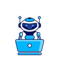 Robot character work with laptop vector illustration. Cute Cartoon Robot Illustration