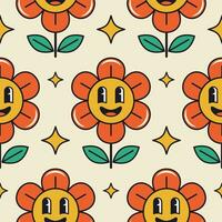 Groovy flower seamless pattern. Retro flower character with a smiling face vector