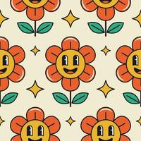 Groovy flower seamless pattern. Retro flower character with a smiling face vector