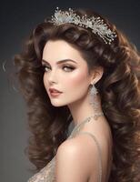 Visualize a glamorous picture of a woman with cascading curls and a sparkling hair accessory, . photo