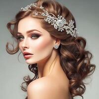 Visualize a glamorous picture of a woman with cascading curls and a sparkling hair accessory, . photo