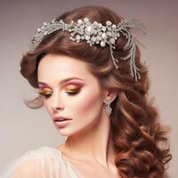 Visualize a glamorous picture of a woman with cascading curls and a sparkling hair accessory, . photo