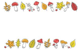 Autumn set leaves, mushrooms and berries. Border frame. Place for text. Fly agaric, rowan branch, maple leaf, doodle, drawings, sketch. Vector illustration on color spots. Background white isolated.