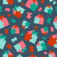 Puzzle city pattern. Buildings, architecture. Construction. Multi-colored pieces of the groove. Graphic vector. The background is seamless. vector