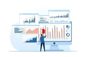 Estadísticas y datos análisis concepto, negocio análisis, negocio financiero inversión con negocio equipo trabajando en monitor gráfico panel, planificación, web reporte panel, Finanzas inversión. vector