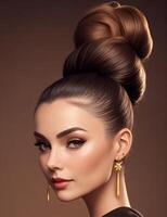 Envision a mesmerizing photograph of a woman with a stylish top knot, radiating confidence and charm, . photo