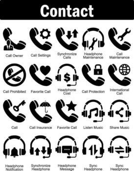 A set of 20 contact icons as call owner, call settings, synchronize call vector