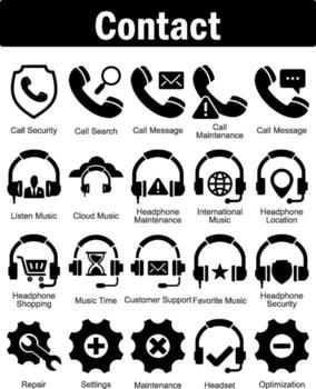 un conjunto de 20 contacto íconos como llamada seguridad, llamada buscar, llamada mensaje vector