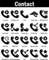 A set of 20 contact icons as cut call, receive call, call, cloud call vector