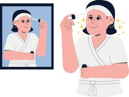 mujer haciendo facial tratamiento utilizando suero ilustración vector