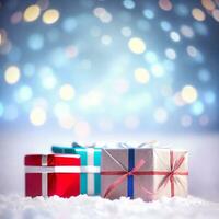 christmas gift boxes on bokeh background . Generative AI photo