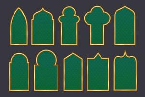 Ramadan window frame shapes. Islamic golden arches. Muslim mosque elements of architecture with ornament. Turkish gates and doors set. Vector