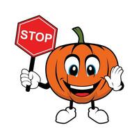 Pumpkin mascot holding up a Stop sign vector