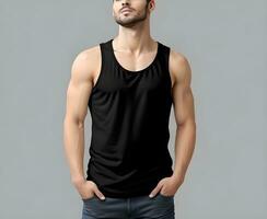 Young man wearing blank black tank top mockup print presentation mockup ai generate photo