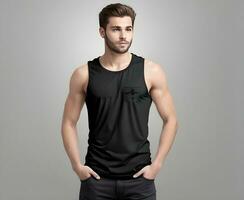 Young man wearing blank black tank top mockup print presentation mockup ai generate photo