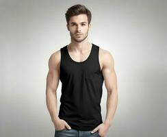 Young man wearing blank black tank top mockup print presentation mockup ai generate photo