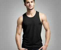 Young man wearing blank black tank top mockup print presentation mockup ai generate photo