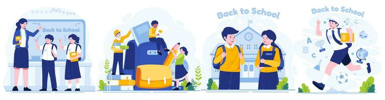 Illustration Set of Back to School. Cute School Boy and School Girl. Students are happy to go Back to School. Flat-style vector illustration