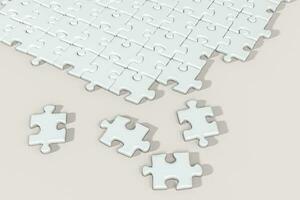 Scattered blank puzzles with white background, 3d rendering. photo