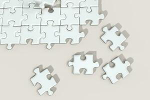 Scattered blank puzzles with white background, 3d rendering. photo