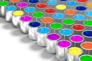 The buckets of colorful paint with white background, 3d rendering. photo