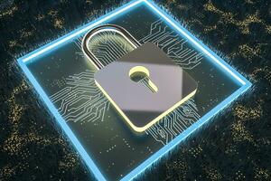 3d rendering, metal lock with digital concept background photo