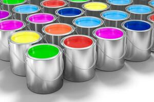 The buckets of colorful paint with white background, 3d rendering. photo