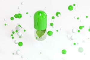 3d rendering, green capsule with leaf in it photo