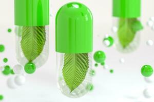 3d rendering, green capsule with leaf in it photo