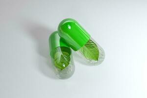 3d rendering, green capsule with leaf in it photo