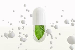 3d rendering, green capsule with leaf in it photo