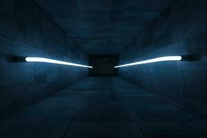 3d rendering, glowing magic lines in anbanoned room, dark background photo
