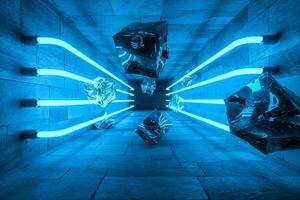 3d rendering, glowing magic lines in anbanoned room, dark background photo