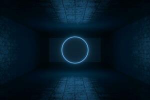 3d rendering, glowing magic lines in anbanoned room, dark background photo