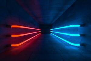 3d rendering, glowing magic lines in anbanoned room, dark background photo