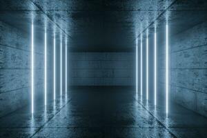 3d rendering, glowing magic lines in anbanoned room, dark background photo