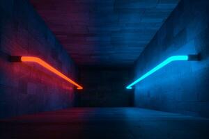 3d rendering, glowing magic lines in anbanoned room, dark background photo