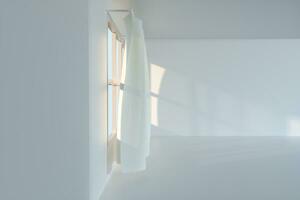 An empty room with sunshine come through the curtain, 3d rendering. photo