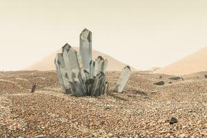 A cluster of magic crystal gather together in the desert, 3d rendering. photo