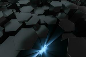 3d rendering, dark background, cube bricks with light effect. Computer digital background. photo