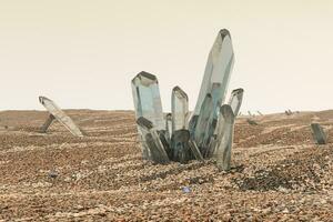 A cluster of magic crystal gather together in the desert, 3d rendering. photo