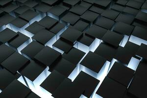 3d rendering, dark background, cube bricks with light effect. Computer digital background. photo