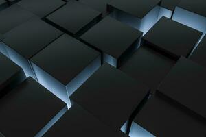 3d rendering, dark background, cube bricks with light effect. Computer digital background. photo